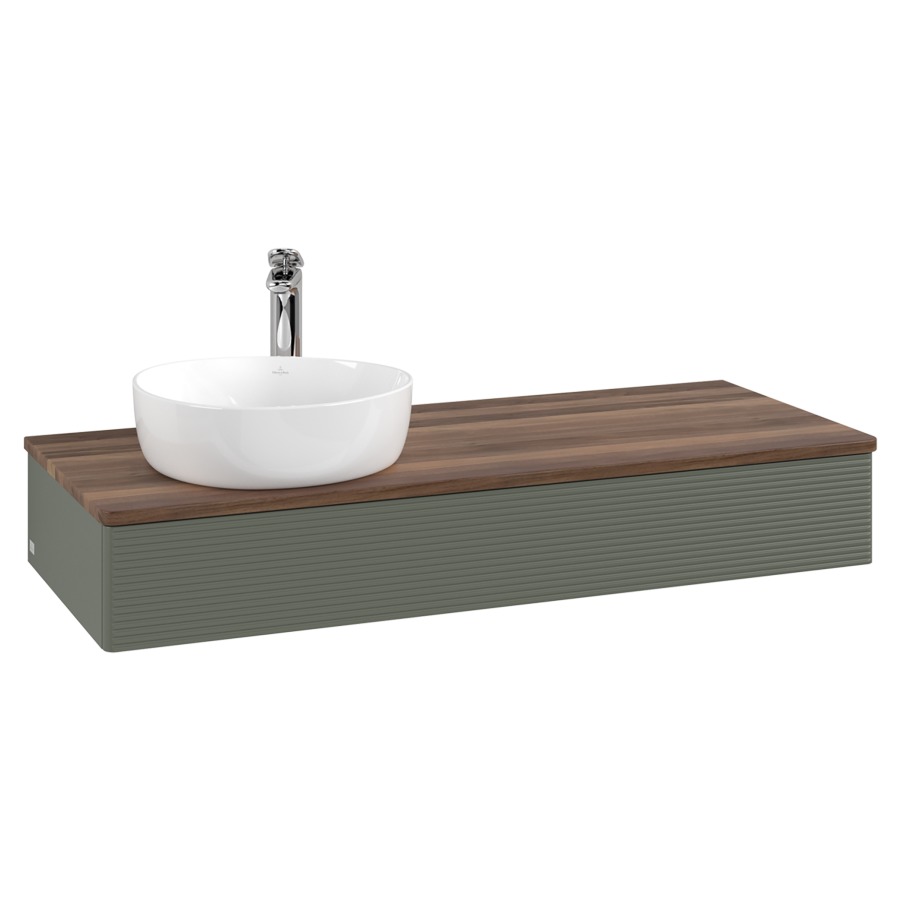 Élément inférieur  Antao
120 x 19 x 50 cm
élément de tiroir, 1&nbsp;tiroir
lavabo à gauche
avec siphon gain de place
avec matériel de fixation
pour 1 lavabo à poser 101037/101038/234171
recouvrement Warm Walnut, 1 trou pour robinet