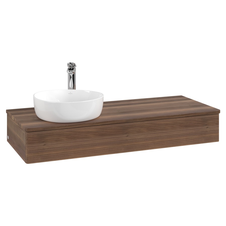 Élément inférieur  Antao
120 x 19 x 50 cm
élément de tiroir, 1&nbsp;tiroir
lavabo à gauche
avec siphon gain de place
avec matériel de fixation
pour 1 lavabo à poser 101037/101038/234171
recouvrement Warm Walnut, 1 trou pour robinet