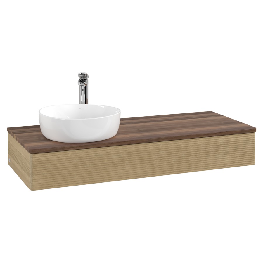 Élément inférieur  Antao
120 x 19 x 50 cm
élément de tiroir, 1&nbsp;tiroir
lavabo à gauche
avec siphon gain de place
avec matériel de fixation
pour 1 lavabo à poser 101037/101038/234171
recouvrement Warm Walnut, 1 trou pour robinet