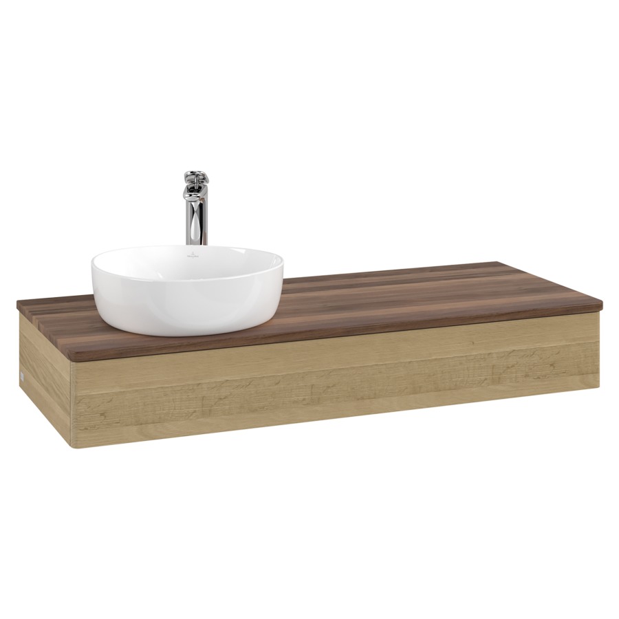 Élément inférieur  Antao
120 x 19 x 50 cm
élément de tiroir, 1&nbsp;tiroir
lavabo à gauche
avec siphon gain de place
avec matériel de fixation
pour 1 lavabo à poser 101037/101038/234171
recouvrement Warm Walnut, 1 trou pour robinet
