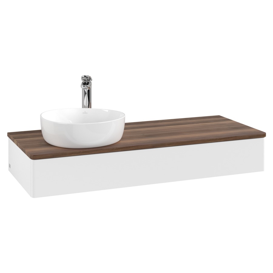 Élément inférieur  Antao
120 x 19 x 50 cm
élément de tiroir, 1&nbsp;tiroir
lavabo à gauche
avec siphon gain de place
avec matériel de fixation
pour 1 lavabo à poser 101037/101038/234171
recouvrement Warm Walnut, 1 trou pour robinet