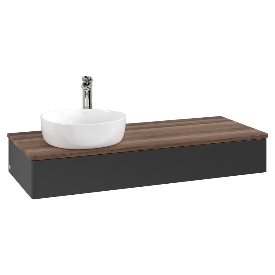 Élément inférieur  Antao
120 x 19 x 50 cm
élément de tiroir, 1&nbsp;tiroir
lavabo à gauche
avec siphon gain de place
avec matériel de fixation
pour 1 lavabo à poser 101037/101038/234171
recouvrement Warm Walnut, 1 trou pour robinet