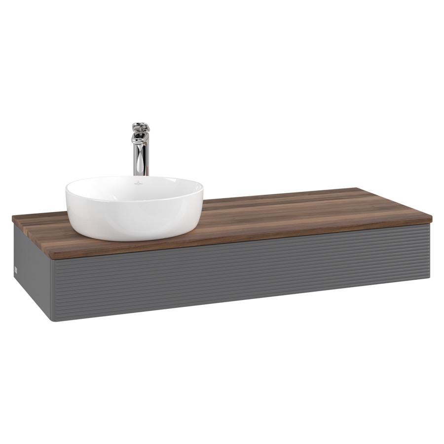 Élément inférieur  Antao
120 x 19 x 50 cm
élément de tiroir, 1&nbsp;tiroir
lavabo à gauche
avec siphon gain de place
avec matériel de fixation
pour 1 lavabo à poser 101037/101038/234171
recouvrement Warm Walnut, 1 trou pour robinet