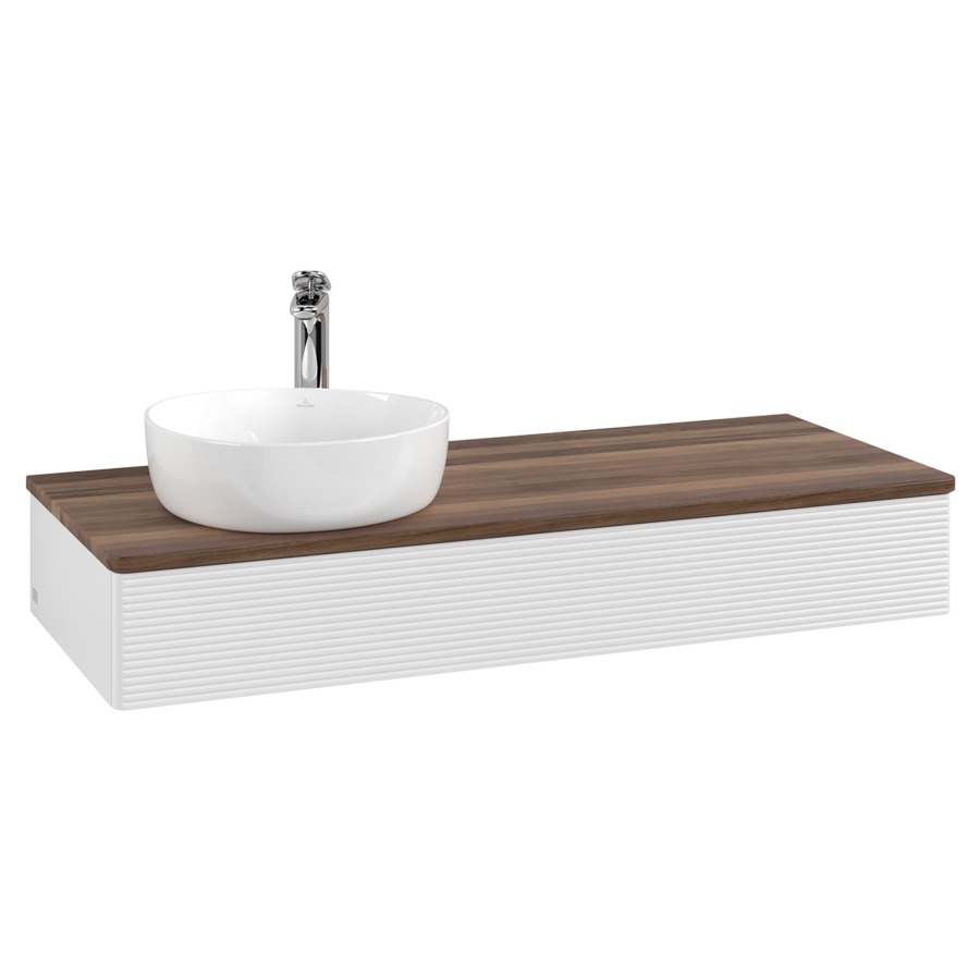 Élément inférieur  Antao
120 x 19 x 50 cm
élément de tiroir, 1&nbsp;tiroir
lavabo à gauche
avec siphon gain de place
avec matériel de fixation
pour 1 lavabo à poser 101037/101038/234171
recouvrement Warm Walnut, 1 trou pour robinet