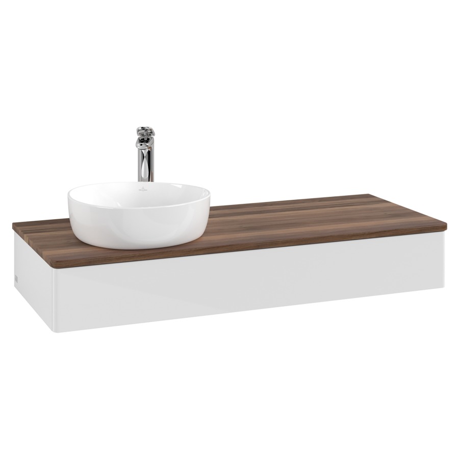 Élément inférieur  Antao
120 x 19 x 50 cm
élément de tiroir, 1&nbsp;tiroir
lavabo à gauche
avec siphon gain de place
avec matériel de fixation
pour 1 lavabo à poser 101037/101038/234171
recouvrement Warm Walnut, 1 trou pour robinet