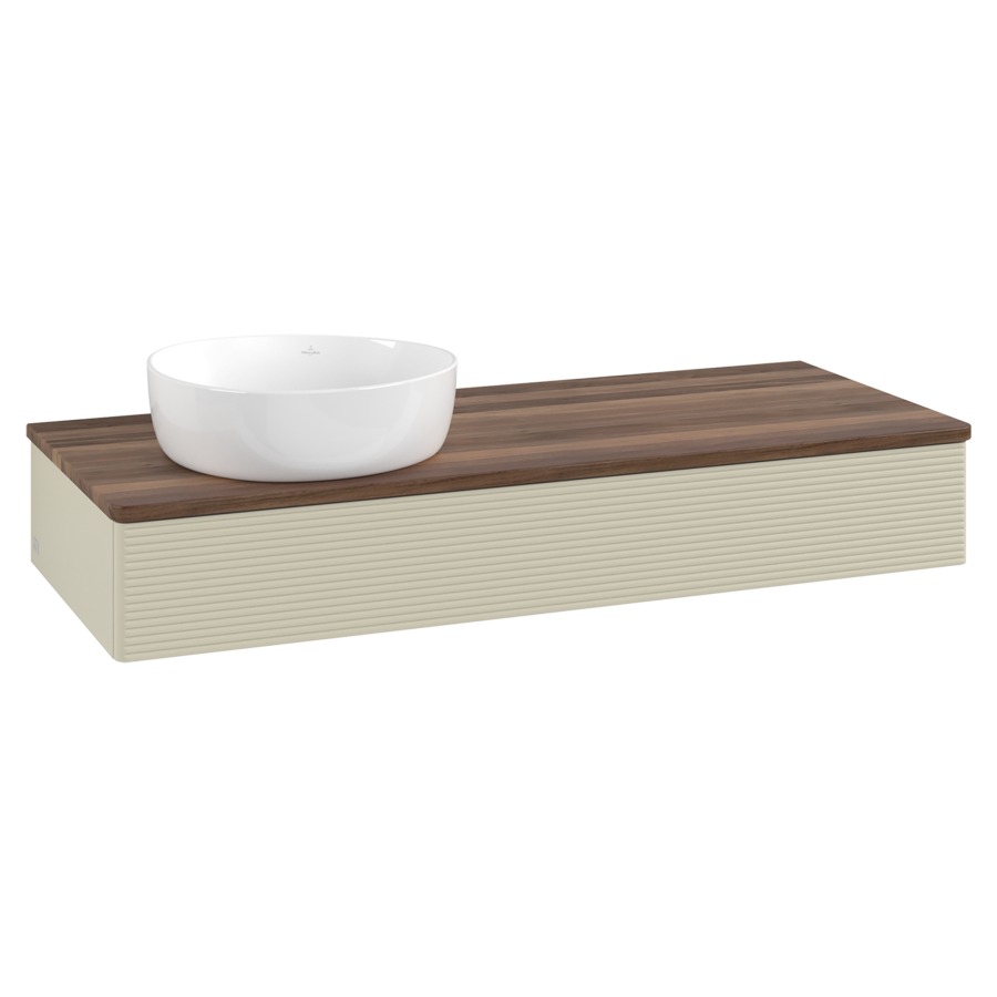 Élément inférieur  Antao
120 x 19 x 50 cm
élément de tiroir, 1&nbsp;tiroir
lavabo à gauche
avec siphon gain de place
avec matériel de fixation
pour 1 lavabo à poser 234171/234172/234173
recouvrement Warm Walnut
sans trou pour robinet
