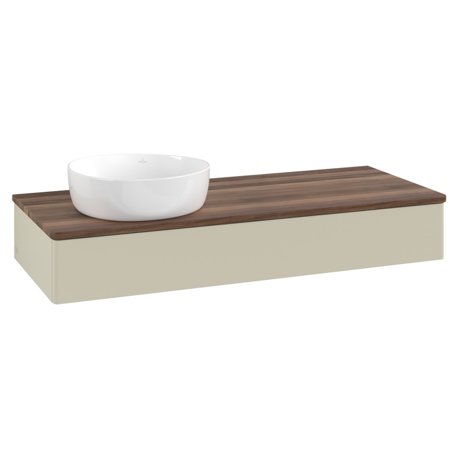 Élément inférieur  Antao
120 x 19 x 50 cm
élément de tiroir, 1&nbsp;tiroir
lavabo à gauche
avec siphon gain de place
avec matériel de fixation
pour 1 lavabo à poser 234171/234172/234173
recouvrement Warm Walnut
sans trou pour robinet