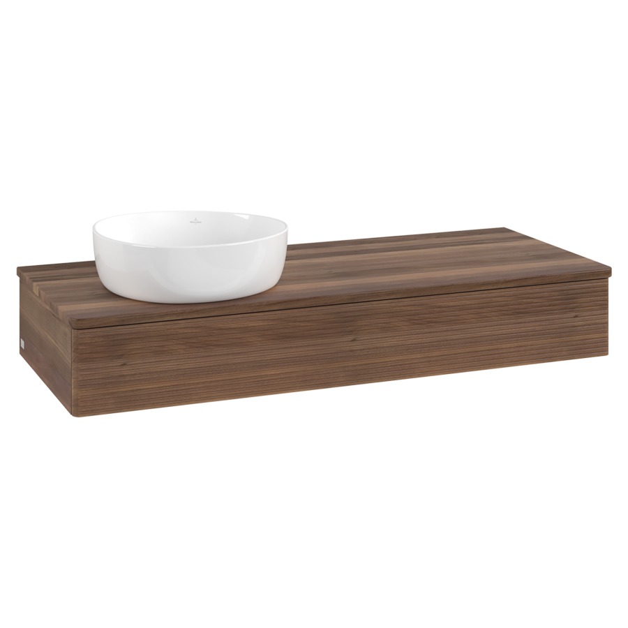 Élément inférieur  Antao
120 x 19 x 50 cm
élément de tiroir, 1&nbsp;tiroir
lavabo à gauche
avec siphon gain de place
avec matériel de fixation
pour 1 lavabo à poser 234171/234172/234173
recouvrement Warm Walnut
sans trou pour robinet