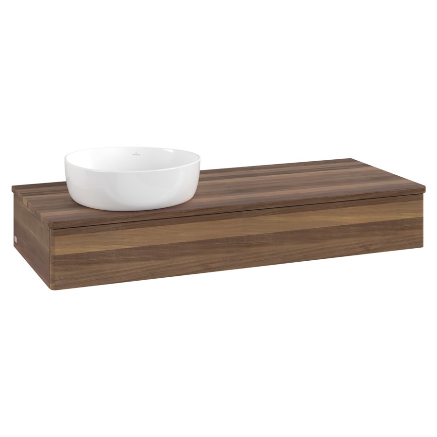 Élément inférieur  Antao
120 x 19 x 50 cm
élément de tiroir, 1&nbsp;tiroir
lavabo à gauche
avec siphon gain de place
avec matériel de fixation
pour 1 lavabo à poser 234171/234172/234173
recouvrement Warm Walnut
sans trou pour robinet