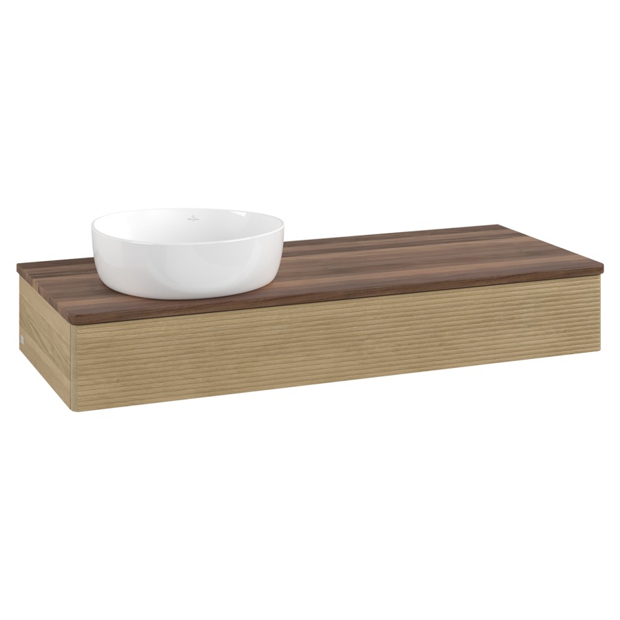 Élément inférieur  Antao
120 x 19 x 50 cm
élément de tiroir, 1&nbsp;tiroir
lavabo à gauche
avec siphon gain de place
avec matériel de fixation
pour 1 lavabo à poser 234171/234172/234173
recouvrement Warm Walnut
sans trou pour robinet