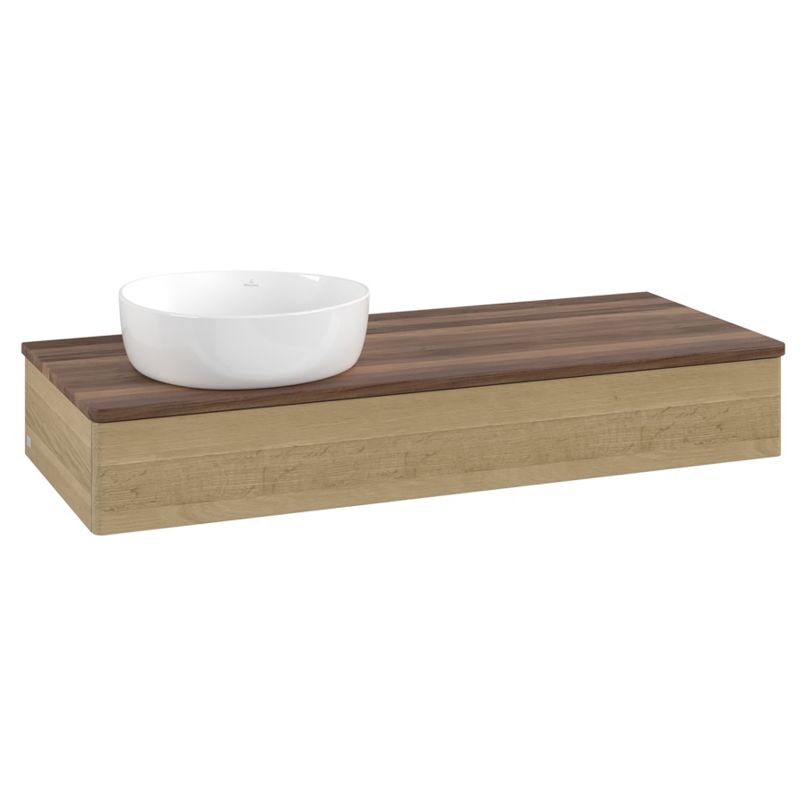 Élément inférieur  Antao
120 x 19 x 50 cm
élément de tiroir, 1&nbsp;tiroir
lavabo à gauche
avec siphon gain de place
avec matériel de fixation
pour 1 lavabo à poser 234171/234172/234173
recouvrement Warm Walnut
sans trou pour robinet