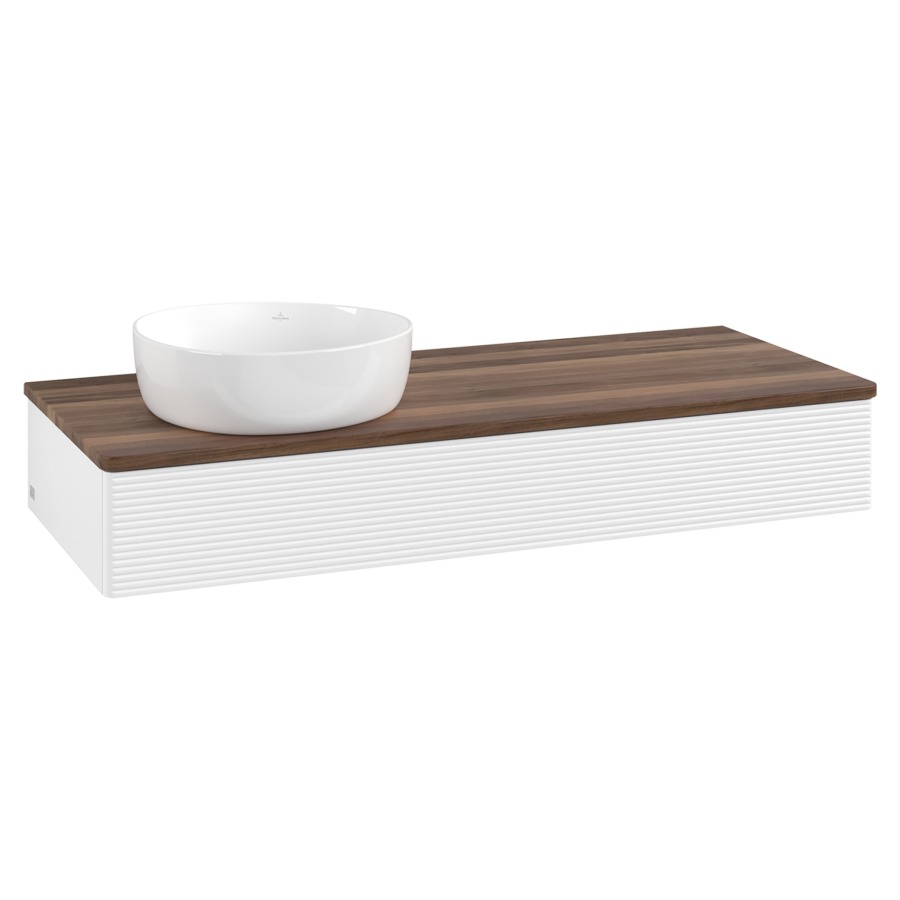 Élément inférieur  Antao
120 x 19 x 50 cm
élément de tiroir, 1&nbsp;tiroir
lavabo à gauche
avec siphon gain de place
avec matériel de fixation
pour 1 lavabo à poser 234171/234172/234173
recouvrement Warm Walnut
sans trou pour robinet