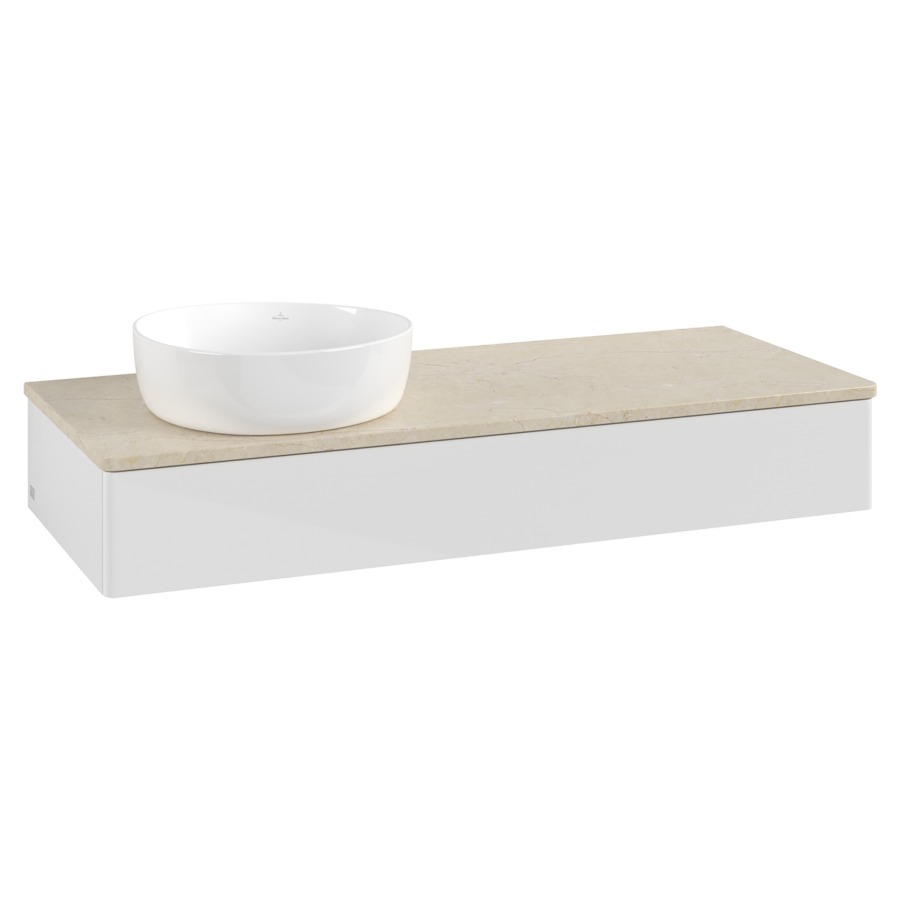 Élément inférieur  Antao
120 x 19 x 50 cm
élément de tiroir, 1&nbsp;tiroir
lavabo à gauche
avec siphon gain de place
avec matériel de fixation
pour 1 lavabo à poser 234171/234172/234173
recouvrement Botticino
sans trou pour robinet