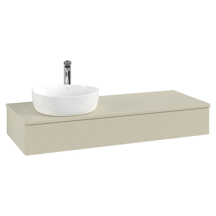 Élément inférieur  Antao
120 x 19 x 50 cm
élément de tiroir, 1&nbsp;tiroir
lavabo à gauche
avec siphon gain de place
avec matériel de fixation
pour 1 lavabo à poser 101037/101038/234171
recouvrement avec trou pour robinet
