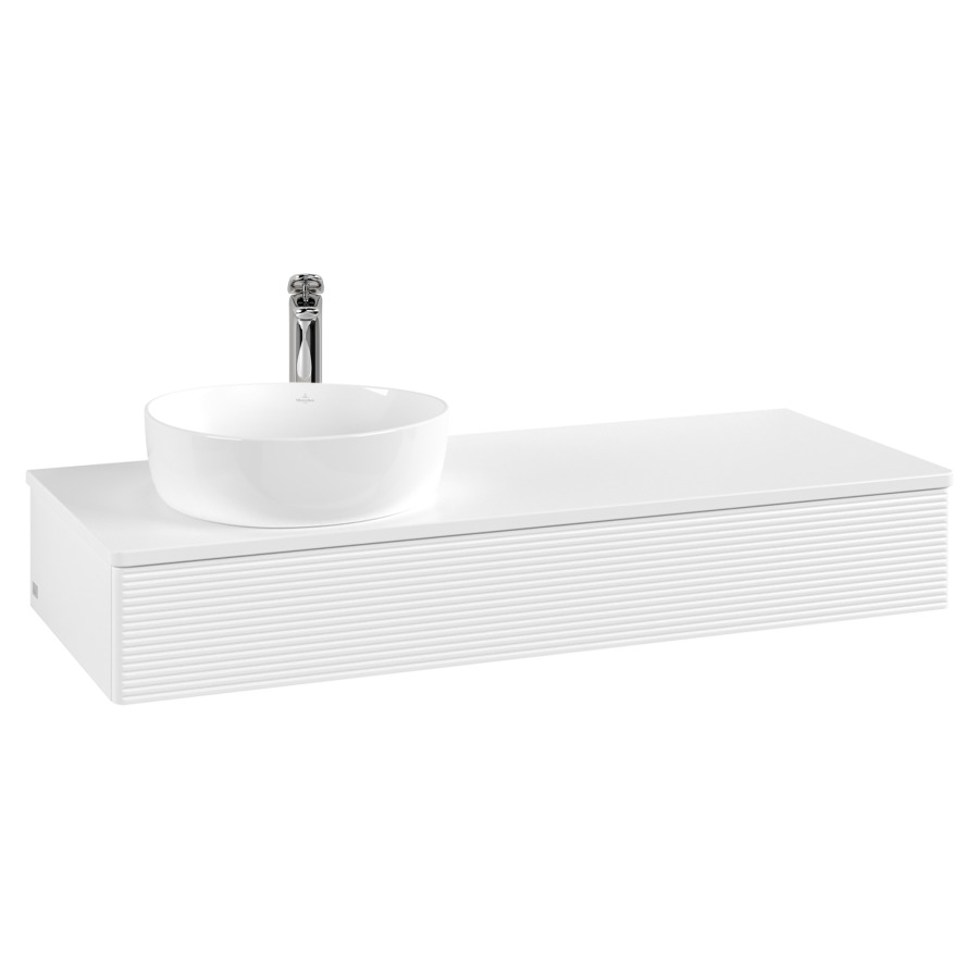 Élément inférieur  Antao
120 x 19 x 50 cm
élément de tiroir, 1&nbsp;tiroir
lavabo à gauche
avec siphon gain de place
avec matériel de fixation
pour 1 lavabo à poser 101037/101038/234171
recouvrement avec trou pour robinet