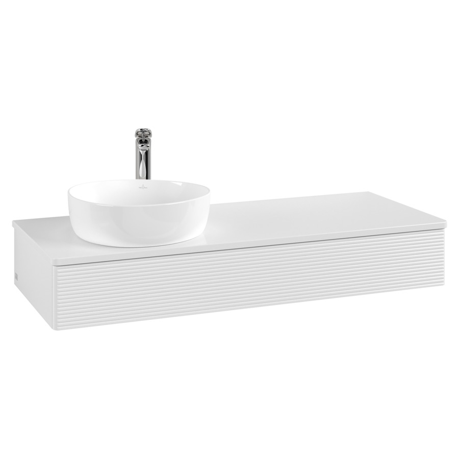 Élément inférieur  Antao
120 x 19 x 50 cm
élément de tiroir, 1&nbsp;tiroir
lavabo à gauche
avec siphon gain de place
avec matériel de fixation
pour 1 lavabo à poser 101037/101038/234171
recouvrement avec trou pour robinet
