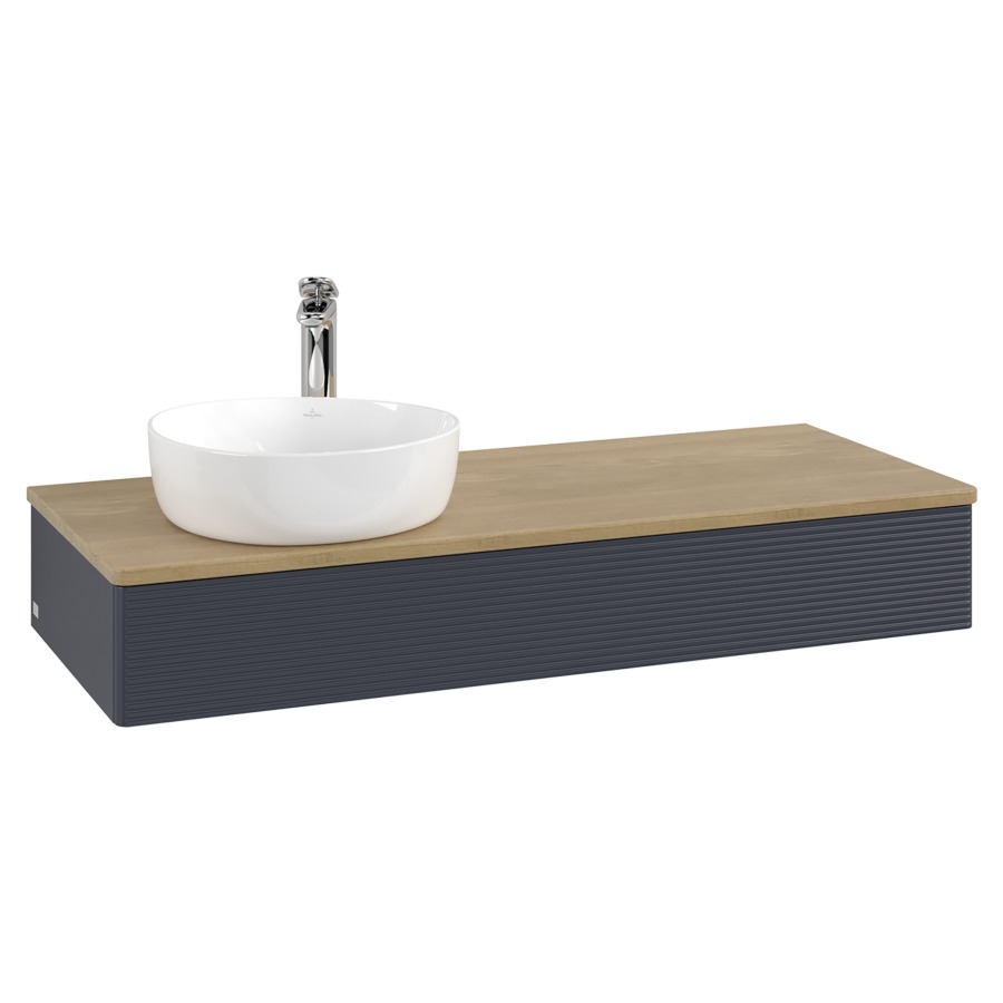 Élément inférieur  Antao
120 x 19 x 50 cm
élément de tiroir, 1&nbsp;tiroir
lavabo à gauche
avec siphon gain de place
avec matériel de fixation
pour 1 lavabo à poser 101037/101038/234171
recouvrement Honey Oak, 1 trou pour robinet