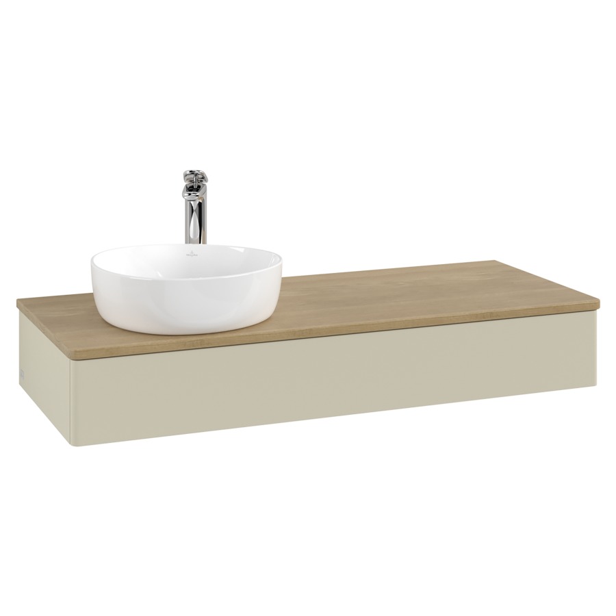 Élément inférieur  Antao
120 x 19 x 50 cm
élément de tiroir, 1&nbsp;tiroir
lavabo à gauche
avec siphon gain de place
avec matériel de fixation
pour 1 lavabo à poser 101037/101038/234171
recouvrement Honey Oak, 1 trou pour robinet