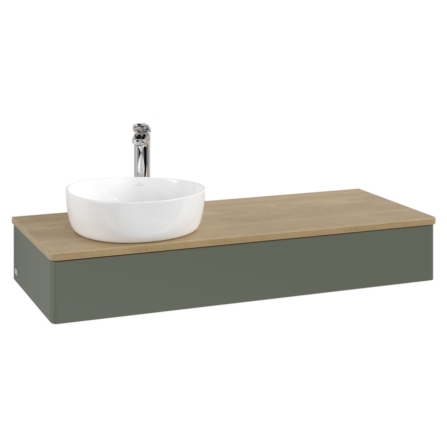 Élément inférieur  Antao
120 x 19 x 50 cm
élément de tiroir, 1&nbsp;tiroir
lavabo à gauche
avec siphon gain de place
avec matériel de fixation
pour 1 lavabo à poser 101037/101038/234171
recouvrement Honey Oak, 1 trou pour robinet