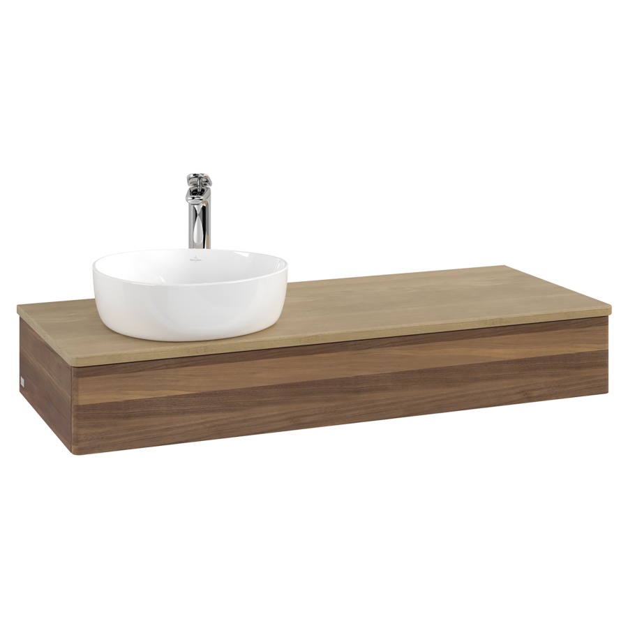 Élément inférieur  Antao
120 x 19 x 50 cm
élément de tiroir, 1&nbsp;tiroir
lavabo à gauche
avec siphon gain de place
avec matériel de fixation
pour 1 lavabo à poser 101037/101038/234171
recouvrement Honey Oak, 1 trou pour robinet