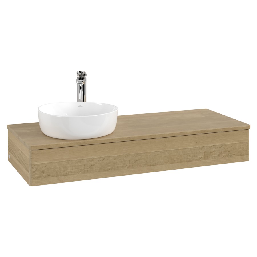 Élément inférieur  Antao
120 x 19 x 50 cm
élément de tiroir, 1&nbsp;tiroir
lavabo à gauche
avec siphon gain de place
avec matériel de fixation
pour 1 lavabo à poser 101037/101038/234171
recouvrement Honey Oak, 1 trou pour robinet