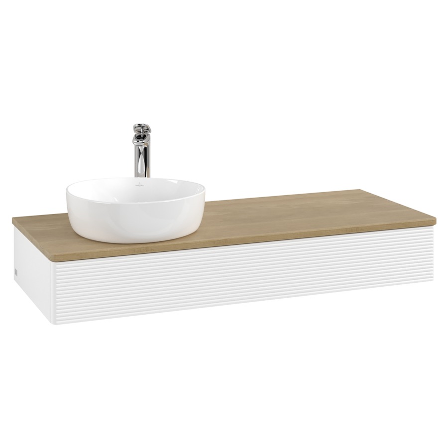 Élément inférieur  Antao
120 x 19 x 50 cm
élément de tiroir, 1&nbsp;tiroir
lavabo à gauche
avec siphon gain de place
avec matériel de fixation
pour 1 lavabo à poser 101037/101038/234171
recouvrement Honey Oak, 1 trou pour robinet
