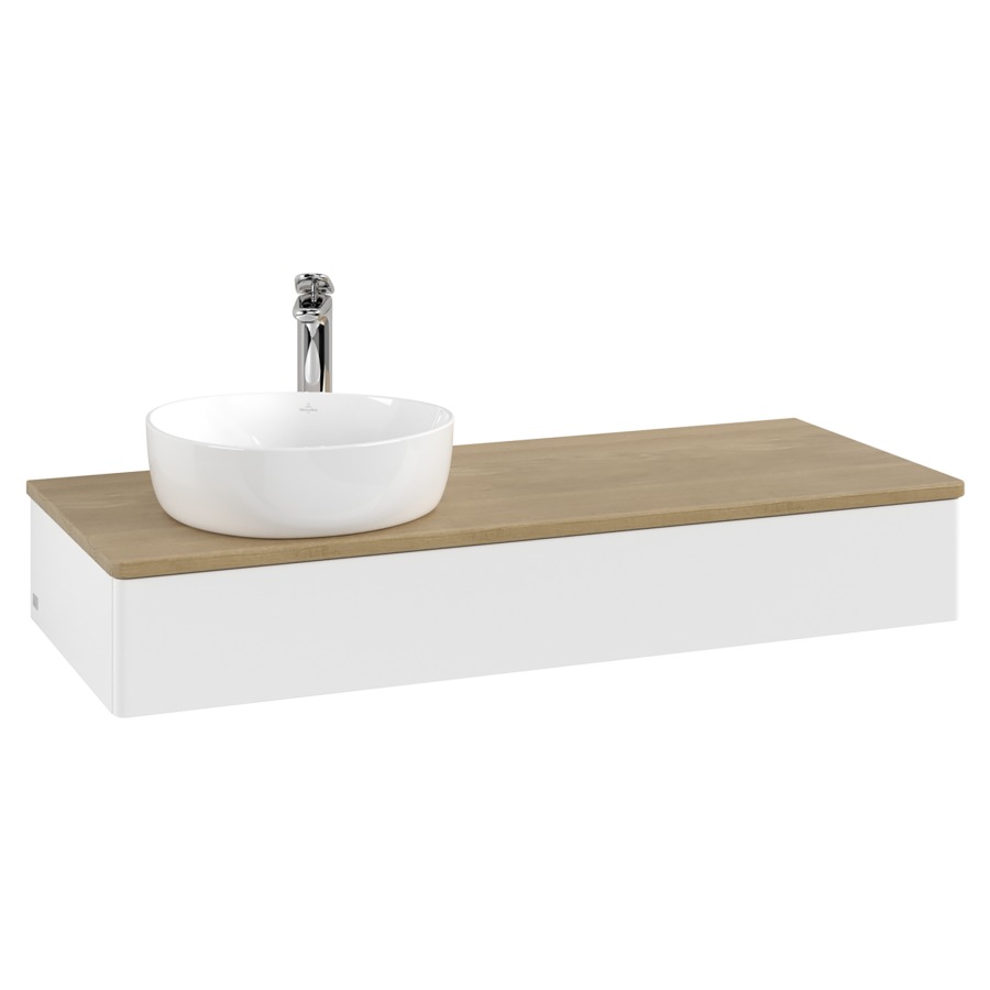 Élément inférieur  Antao
120 x 19 x 50 cm
élément de tiroir, 1&nbsp;tiroir
lavabo à gauche
avec siphon gain de place
avec matériel de fixation
pour 1 lavabo à poser 101037/101038/234171
recouvrement Honey Oak, 1 trou pour robinet