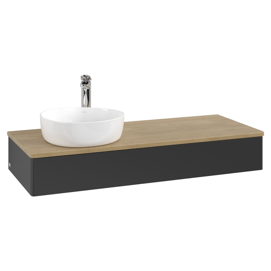 Élément inférieur  Antao
120 x 19 x 50 cm
élément de tiroir, 1&nbsp;tiroir
lavabo à gauche
avec siphon gain de place
avec matériel de fixation
pour 1 lavabo à poser 101037/101038/234171
recouvrement Honey Oak, 1 trou pour robinet