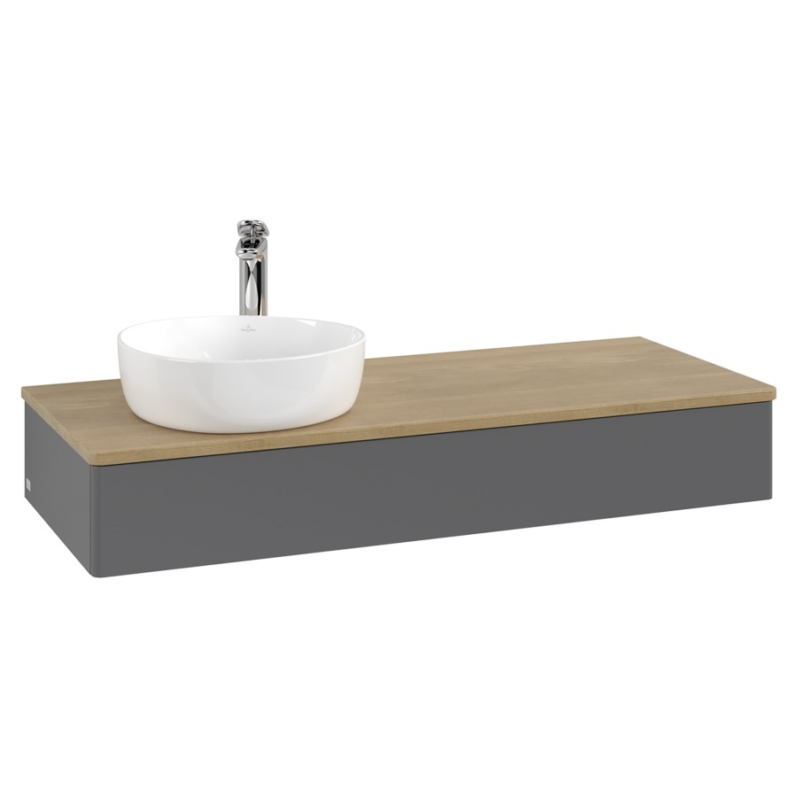 Élément inférieur  Antao
120 x 19 x 50 cm
élément de tiroir, 1&nbsp;tiroir
lavabo à gauche
avec siphon gain de place
avec matériel de fixation
pour 1 lavabo à poser 101037/101038/234171
recouvrement Honey Oak, 1 trou pour robinet