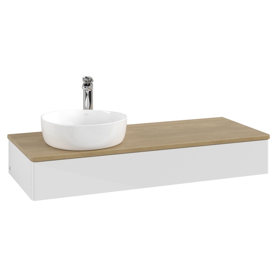 Élément inférieur  Antao
120 x 19 x 50 cm
élément de tiroir, 1&nbsp;tiroir
lavabo à gauche
avec siphon gain de place
avec matériel de fixation
pour 1 lavabo à poser 101037/101038/234171
recouvrement Honey Oak, 1 trou pour robinet