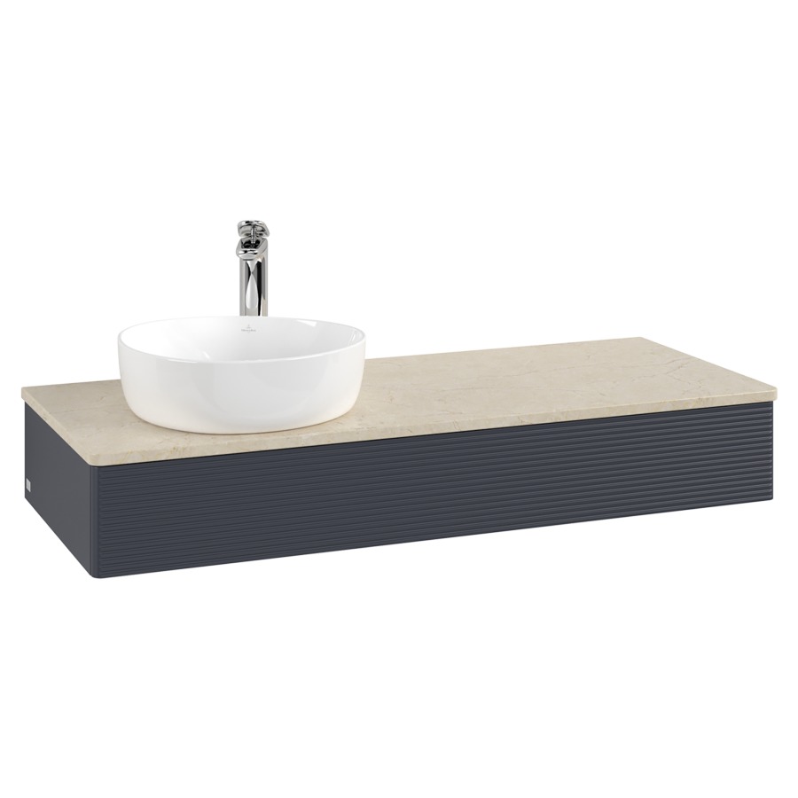 Élément inférieur  Antao
120 x 19 x 50 cm
élément de tiroir, 1&nbsp;tiroir
lavabo à gauche
avec siphon gain de place
avec matériel de fixation
pour 1 lavabo à poser 101037/101038/234171
recouvrement Botticino, 1 trou pour robinet