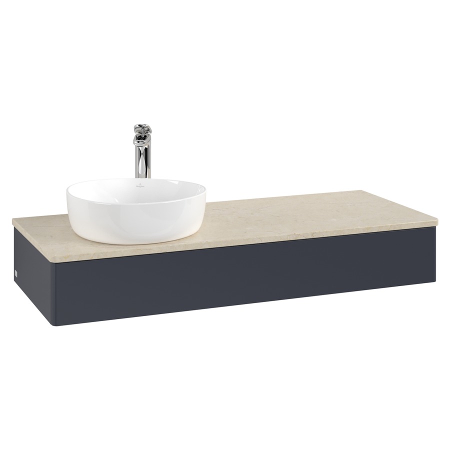 Élément inférieur  Antao
120 x 19 x 50 cm
élément de tiroir, 1&nbsp;tiroir
lavabo à gauche
avec siphon gain de place
avec matériel de fixation
pour 1 lavabo à poser 101037/101038/234171
recouvrement Botticino, 1 trou pour robinet