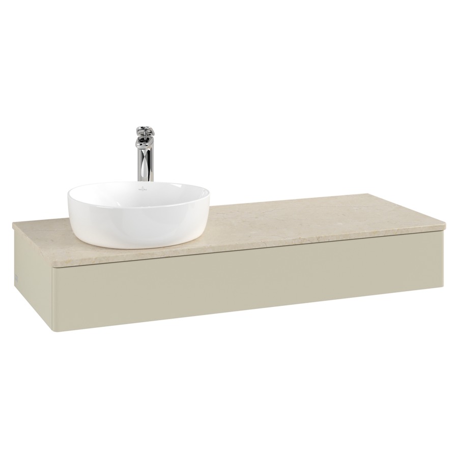Élément inférieur  Antao
120 x 19 x 50 cm
élément de tiroir, 1&nbsp;tiroir
lavabo à gauche
avec siphon gain de place
avec matériel de fixation
pour 1 lavabo à poser 101037/101038/234171
recouvrement Botticino, 1 trou pour robinet