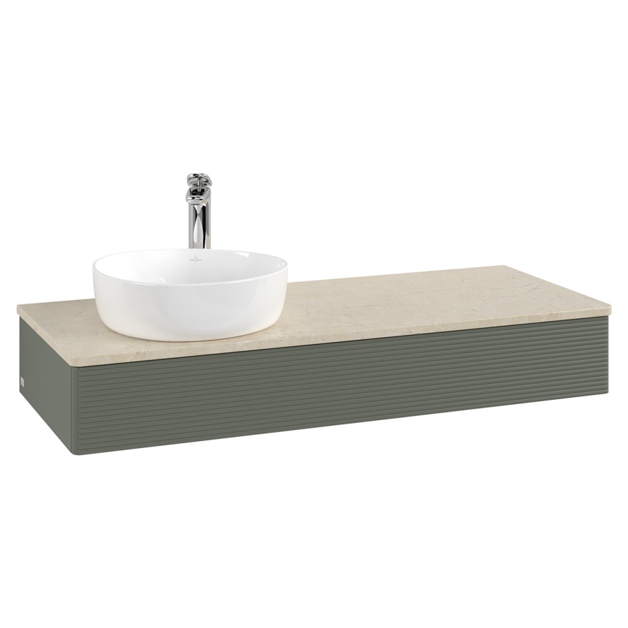 Élément inférieur  Antao
120 x 19 x 50 cm
élément de tiroir, 1&nbsp;tiroir
lavabo à gauche
avec siphon gain de place
avec matériel de fixation
pour 1 lavabo à poser 101037/101038/234171
recouvrement Botticino, 1 trou pour robinet