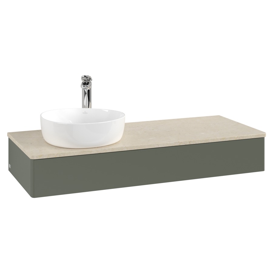 Élément inférieur  Antao
120 x 19 x 50 cm
élément de tiroir, 1&nbsp;tiroir
lavabo à gauche
avec siphon gain de place
avec matériel de fixation
pour 1 lavabo à poser 101037/101038/234171
recouvrement Botticino, 1 trou pour robinet