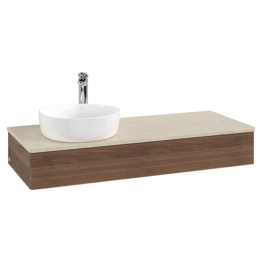 Élément inférieur  Antao
120 x 19 x 50 cm
élément de tiroir, 1&nbsp;tiroir
lavabo à gauche
avec siphon gain de place
avec matériel de fixation
pour 1 lavabo à poser 101037/101038/234171
recouvrement Botticino, 1 trou pour robinet