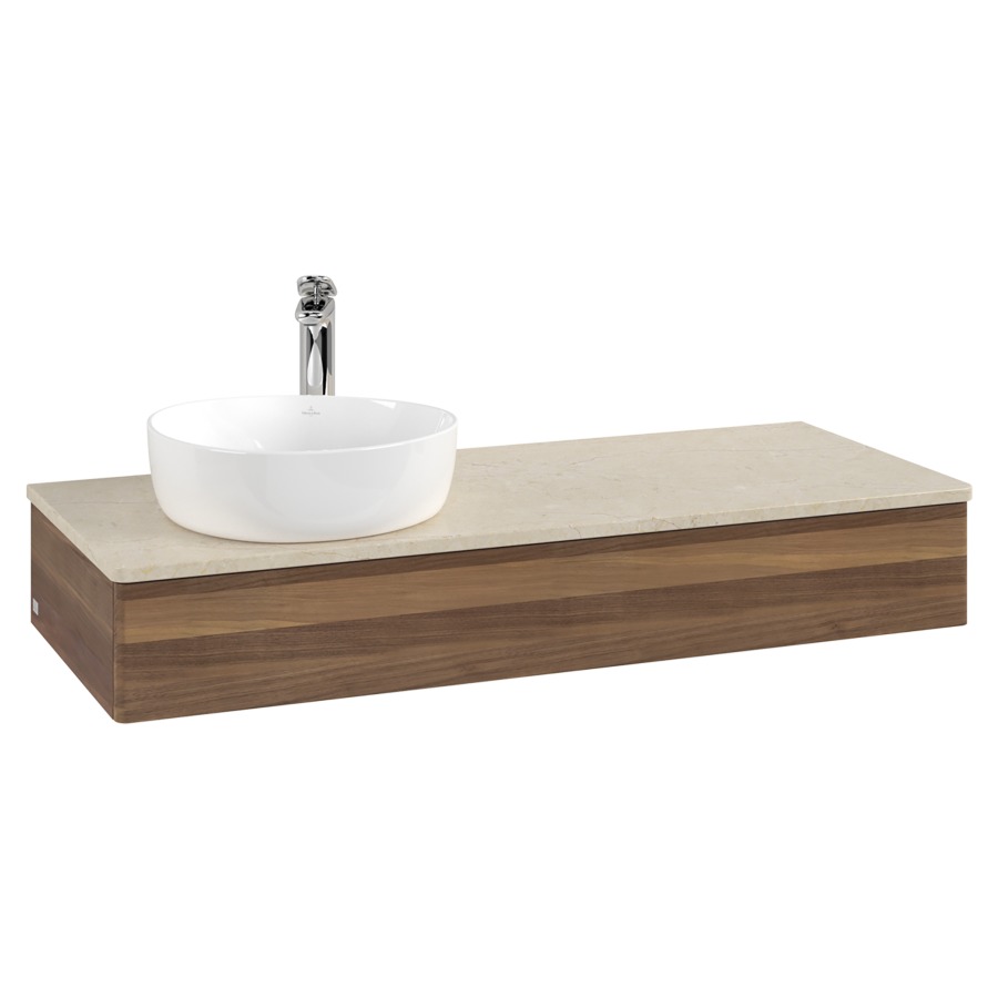 Élément inférieur  Antao
120 x 19 x 50 cm
élément de tiroir, 1&nbsp;tiroir
lavabo à gauche
avec siphon gain de place
avec matériel de fixation
pour 1 lavabo à poser 101037/101038/234171
recouvrement Botticino, 1 trou pour robinet