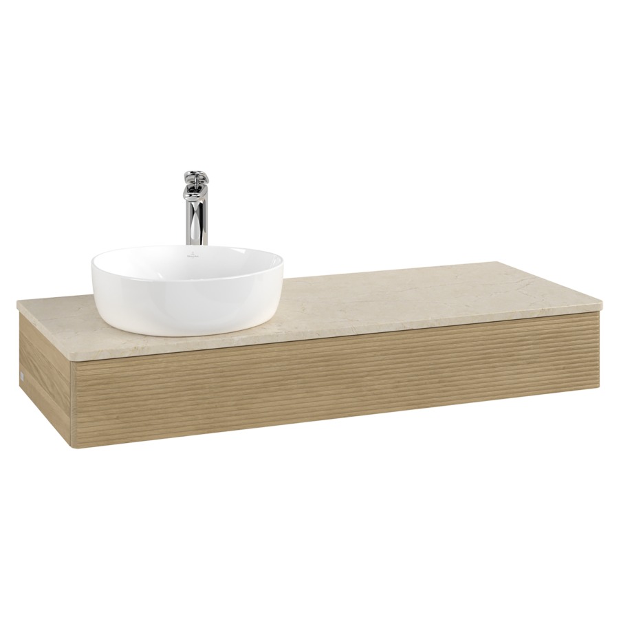 Élément inférieur  Antao
120 x 19 x 50 cm
élément de tiroir, 1&nbsp;tiroir
lavabo à gauche
avec siphon gain de place
avec matériel de fixation
pour 1 lavabo à poser 101037/101038/234171
recouvrement Botticino, 1 trou pour robinet