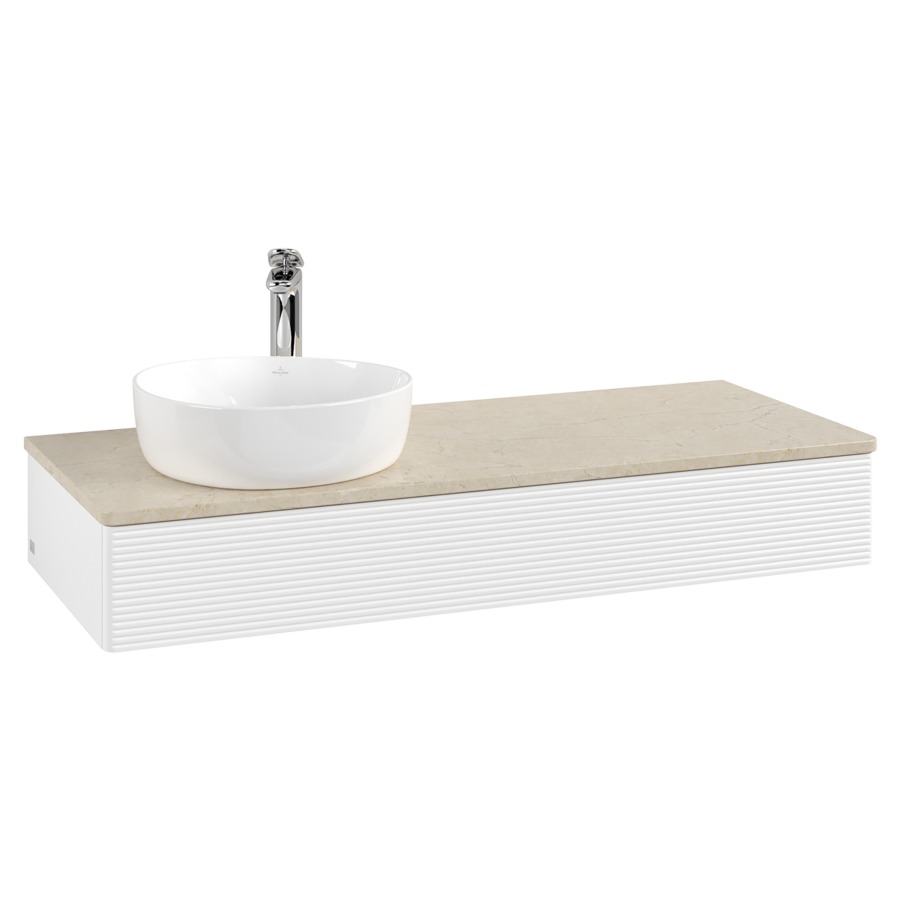 Élément inférieur  Antao
120 x 19 x 50 cm
élément de tiroir, 1&nbsp;tiroir
lavabo à gauche
avec siphon gain de place
avec matériel de fixation
pour 1 lavabo à poser 101037/101038/234171
recouvrement Botticino, 1 trou pour robinet