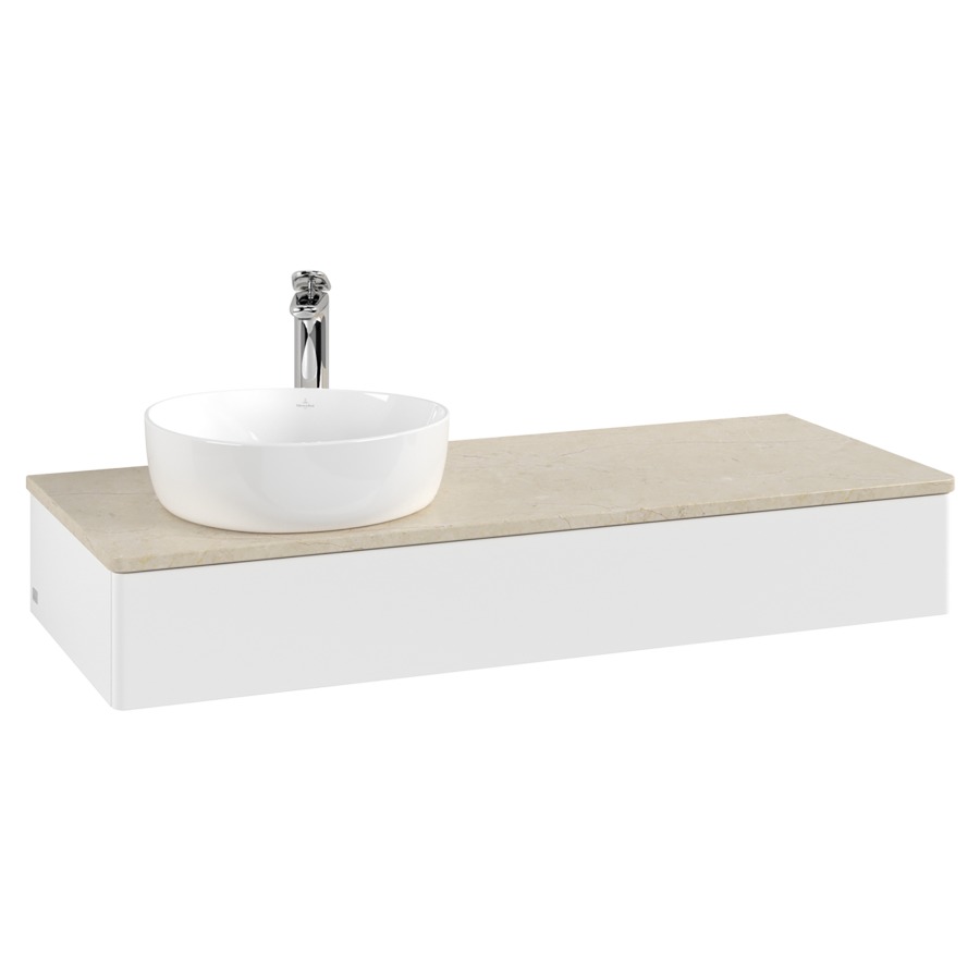 Élément inférieur  Antao
120 x 19 x 50 cm
élément de tiroir, 1&nbsp;tiroir
lavabo à gauche
avec siphon gain de place
avec matériel de fixation
pour 1 lavabo à poser 101037/101038/234171
recouvrement Botticino, 1 trou pour robinet