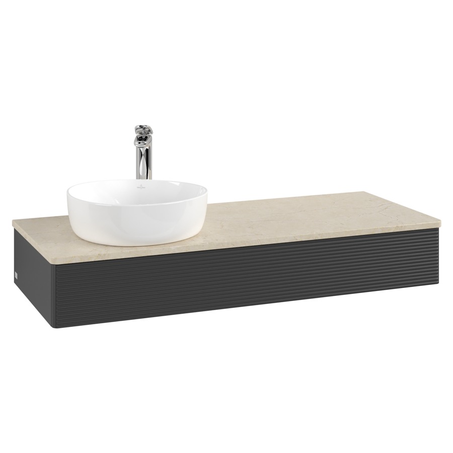 Élément inférieur  Antao
120 x 19 x 50 cm
élément de tiroir, 1&nbsp;tiroir
lavabo à gauche
avec siphon gain de place
avec matériel de fixation
pour 1 lavabo à poser 101037/101038/234171
recouvrement Botticino, 1 trou pour robinet