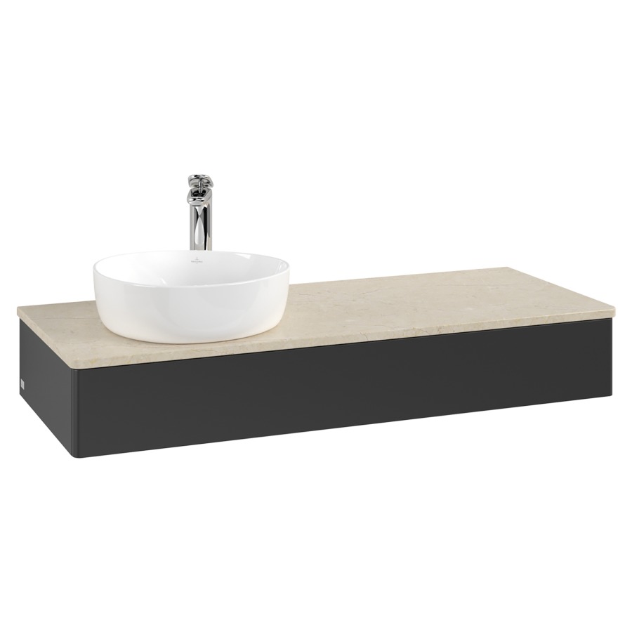 Élément inférieur  Antao
120 x 19 x 50 cm
élément de tiroir, 1&nbsp;tiroir
lavabo à gauche
avec siphon gain de place
avec matériel de fixation
pour 1 lavabo à poser 101037/101038/234171
recouvrement Botticino, 1 trou pour robinet