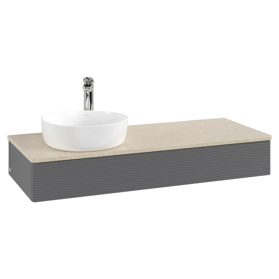 Élément inférieur  Antao
120 x 19 x 50 cm
élément de tiroir, 1&nbsp;tiroir
lavabo à gauche
avec siphon gain de place
avec matériel de fixation
pour 1 lavabo à poser 101037/101038/234171
recouvrement Botticino, 1 trou pour robinet