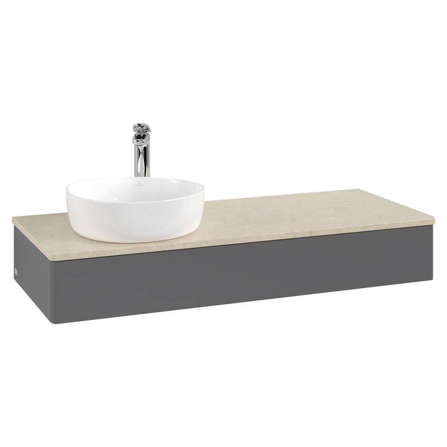 Élément inférieur  Antao
120 x 19 x 50 cm
élément de tiroir, 1&nbsp;tiroir
lavabo à gauche
avec siphon gain de place
avec matériel de fixation
pour 1 lavabo à poser 101037/101038/234171
recouvrement Botticino, 1 trou pour robinet