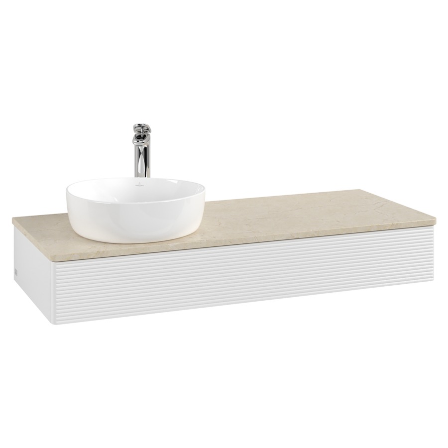 Élément inférieur  Antao
120 x 19 x 50 cm
élément de tiroir, 1&nbsp;tiroir
lavabo à gauche
avec siphon gain de place
avec matériel de fixation
pour 1 lavabo à poser 101037/101038/234171
recouvrement Botticino, 1 trou pour robinet