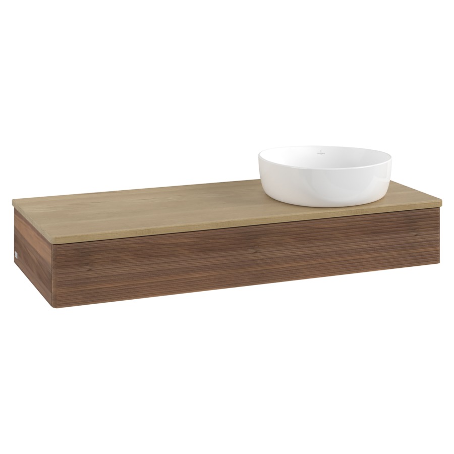 Élément inférieur  Antao
120 x 19 x 50 cm
élément de tiroir, 1&nbsp;tiroir
lavabo à droite
avec siphon gain de place
avec matériel de fixation
pour 1 lavabo à poser 234171/234172/234173
recouvrement Honey Oak
sans trou pour robinet