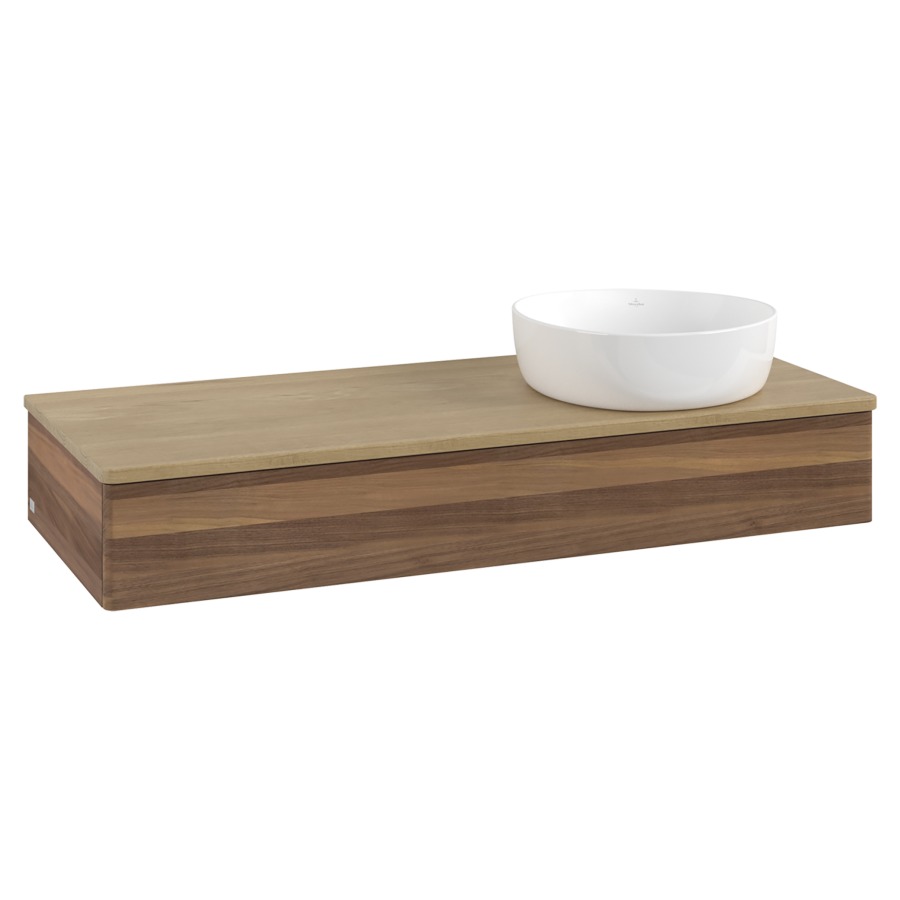 Élément inférieur  Antao
120 x 19 x 50 cm
élément de tiroir, 1&nbsp;tiroir
lavabo à droite
avec siphon gain de place
avec matériel de fixation
pour 1 lavabo à poser 234171/234172/234173
recouvrement Honey Oak
sans trou pour robinet