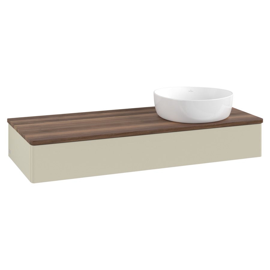 Élément inférieur  Antao
120 x 19 x 50 cm
élément de tiroir, 1&nbsp;tiroir
lavabo à droite
avec siphon gain de place
avec matériel de fixation
pour 1 lavabo à poser 234171/234172/234173
recouvrement Warm Walnut
sans trou pour robinet