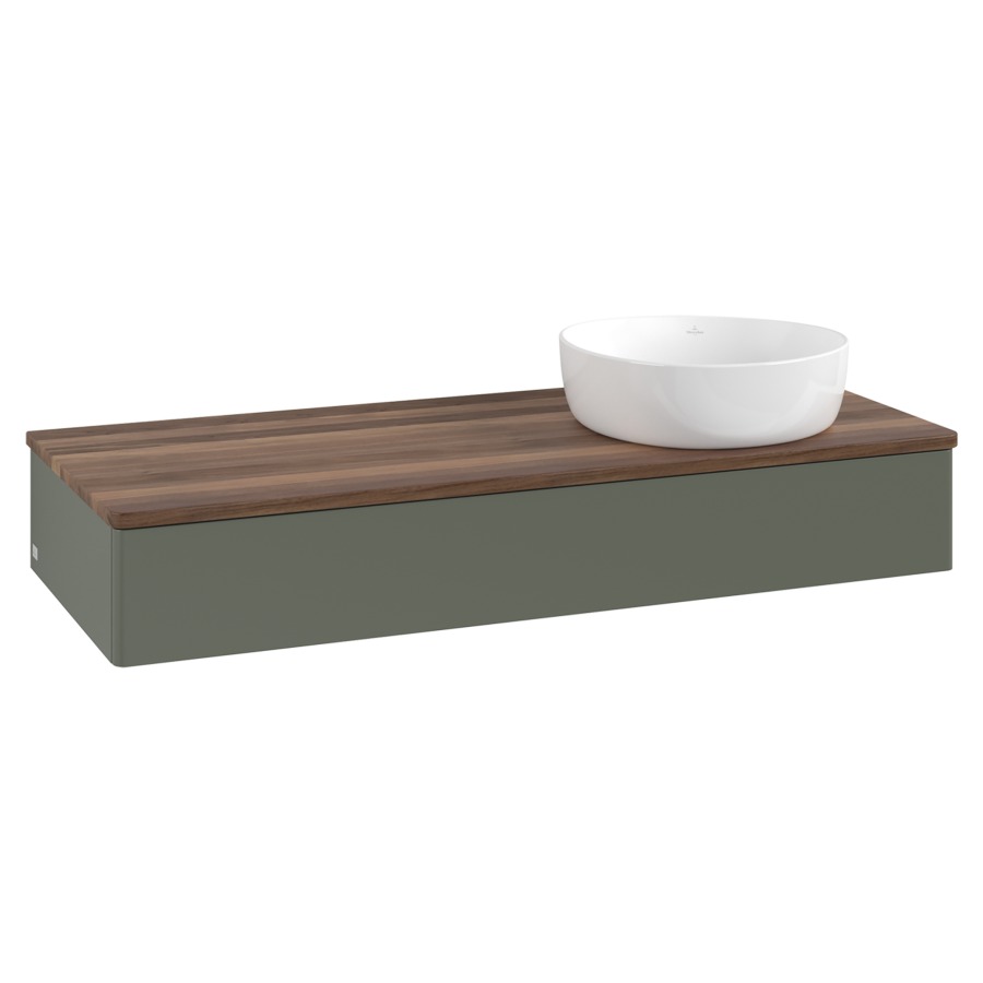 Élément inférieur  Antao
120 x 19 x 50 cm
élément de tiroir, 1&nbsp;tiroir
lavabo à droite
avec siphon gain de place
avec matériel de fixation
pour 1 lavabo à poser 234171/234172/234173
recouvrement Warm Walnut
sans trou pour robinet