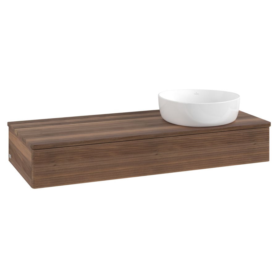 Élément inférieur  Antao
120 x 19 x 50 cm
élément de tiroir, 1&nbsp;tiroir
lavabo à droite
avec siphon gain de place
avec matériel de fixation
pour 1 lavabo à poser 234171/234172/234173
recouvrement Warm Walnut
sans trou pour robinet